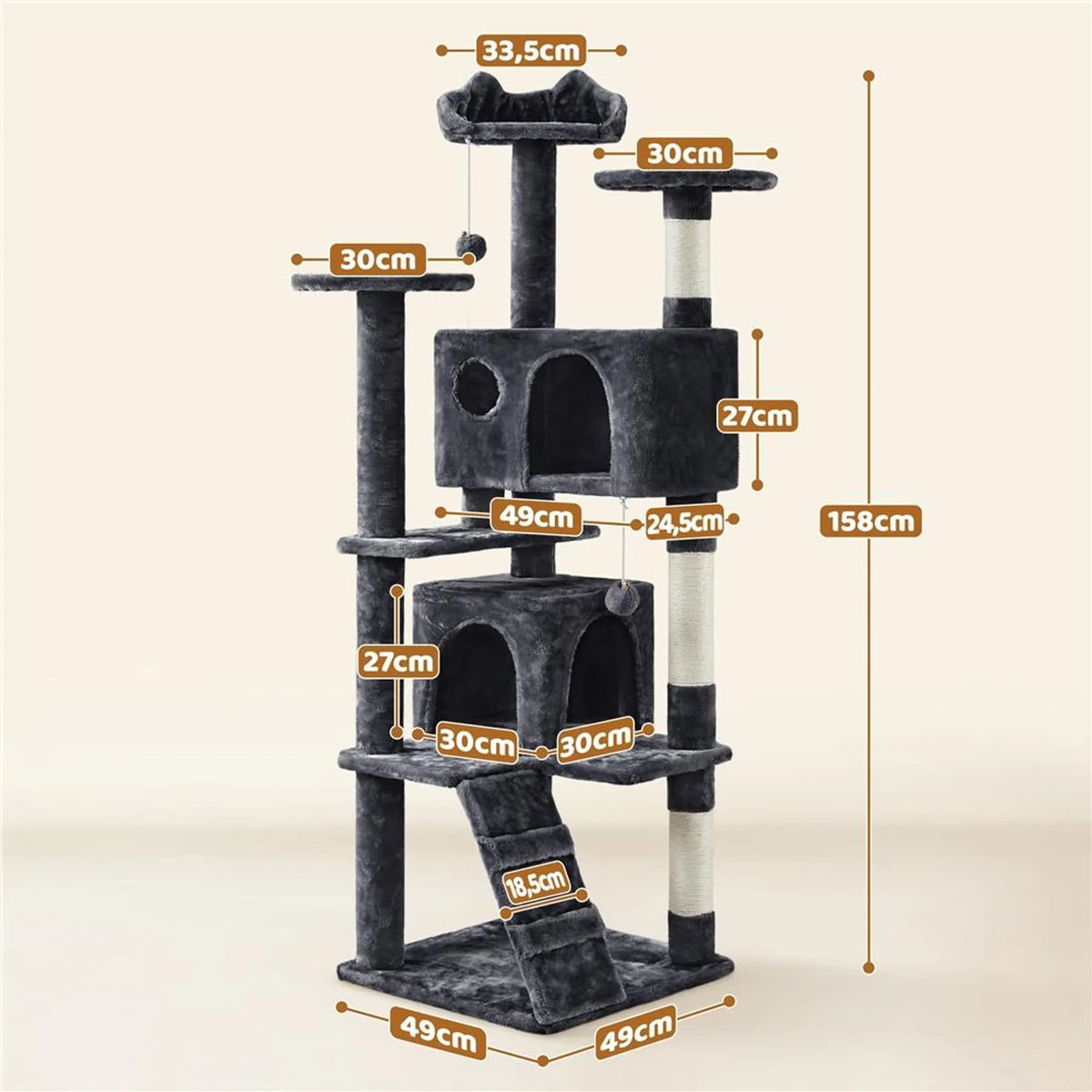 Yaheetech Krabpaal met 2 Grotten - 158 cm hoog - 49 x 49 cm - Zwart
