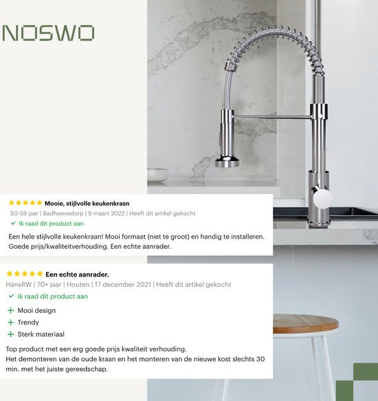 Noswo Spoelkraan – Uittrekbar & Dubbele Straal – 43 x Ø5 cm – Chroom