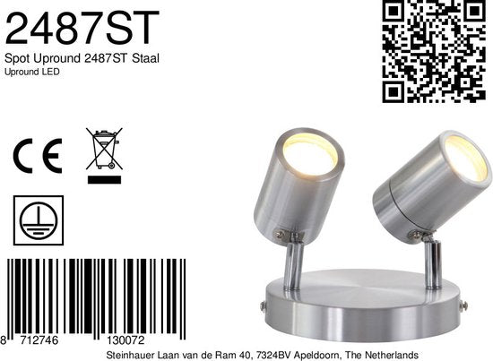 Staalkleurige 2-lichts spot Upround 2487ST - Draaibaar en kantelbaar - Modern design - Inclusief lichtbronnen - Mexlite - Geschikt voor binnen gebruik, IP44, max. diepte 15 cm