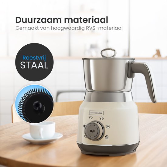 KitchenApp Retro Melkopschuimer RVS kan – PFAS-vrij – Vaatwasserbestendig – Beige