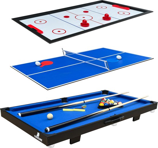 Cougar 3-in-1 Multi Speeltafel Mini Zwart-Blauw – Pooltafel – Push Hockey – Tafeltennis - Inclusief alle accessoires