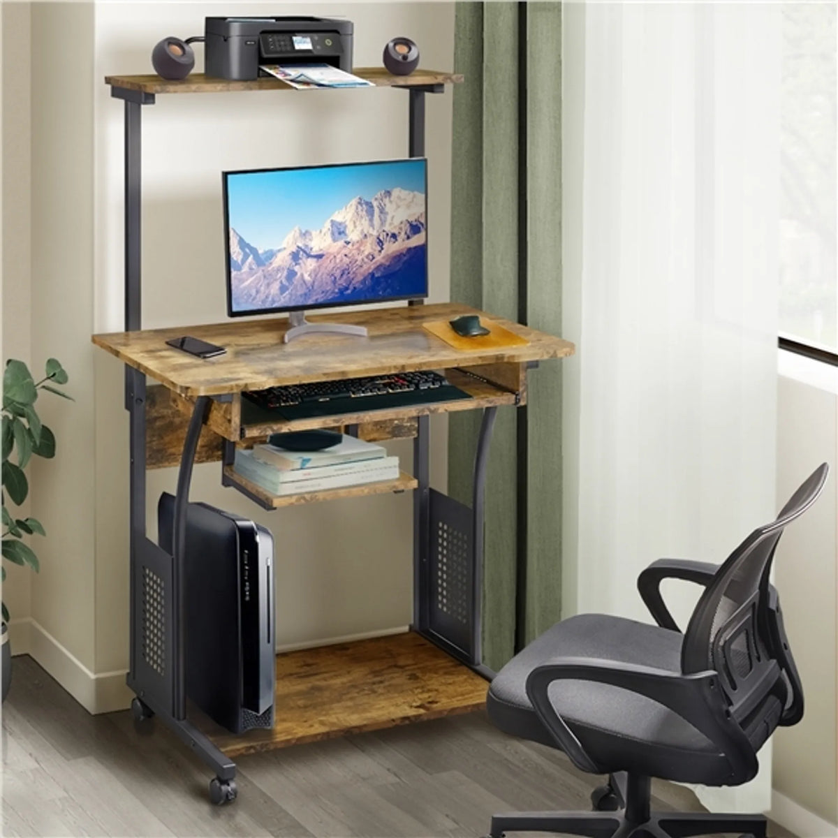 Yaheetech Computerbureau met opbergplanken en wielen - 80,5 x 60 x 132 cm - Rustiek bruin