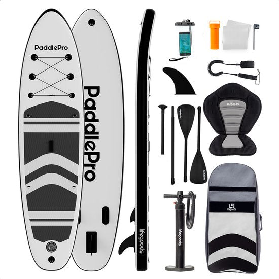 LifeGoods PaddlePro SUP Board - met Zitje - Opblaasbaar Paddle Board - Complete Set - Max. 150KG - 320x81cm - Wit/Zwart