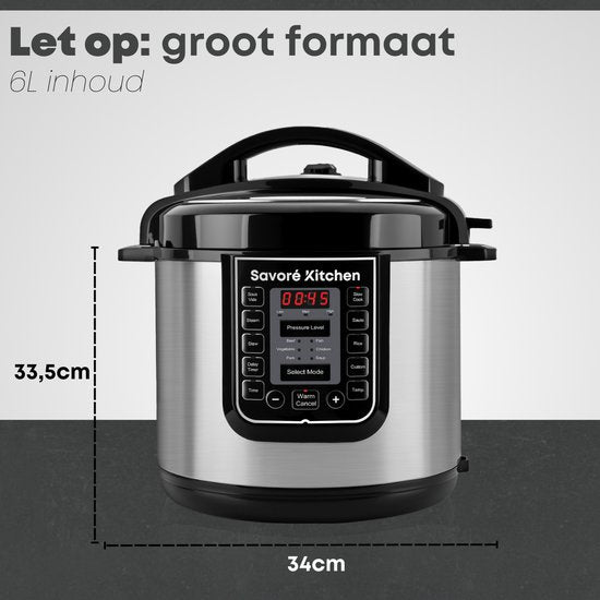 Savoré Kitchen Pressure Cooker 6L – Tot 6 Pers. – PFAS-vrij – 29 × 33,5 cm – Snelkookpan, Rijstkoker, Slowcooker, Stomer, Sous-vide & Multicooker