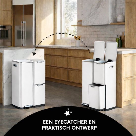 Bayt Prullenbak - Prullenbak 60 Liter - Vuilnisbak 60 Liter - Pedaalemmer 60 Liter - Prullenbak Afvalscheiding - Prullenbak 3 Vakken - Afvalbak - RVS - Wit