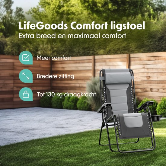 LifeGoods Ligstoel Comfort - Opvouwbaar - 30°-90° Verstelbaar - Beker en Telefoonhouder - Tuinstoel - Zwart/Grijs
