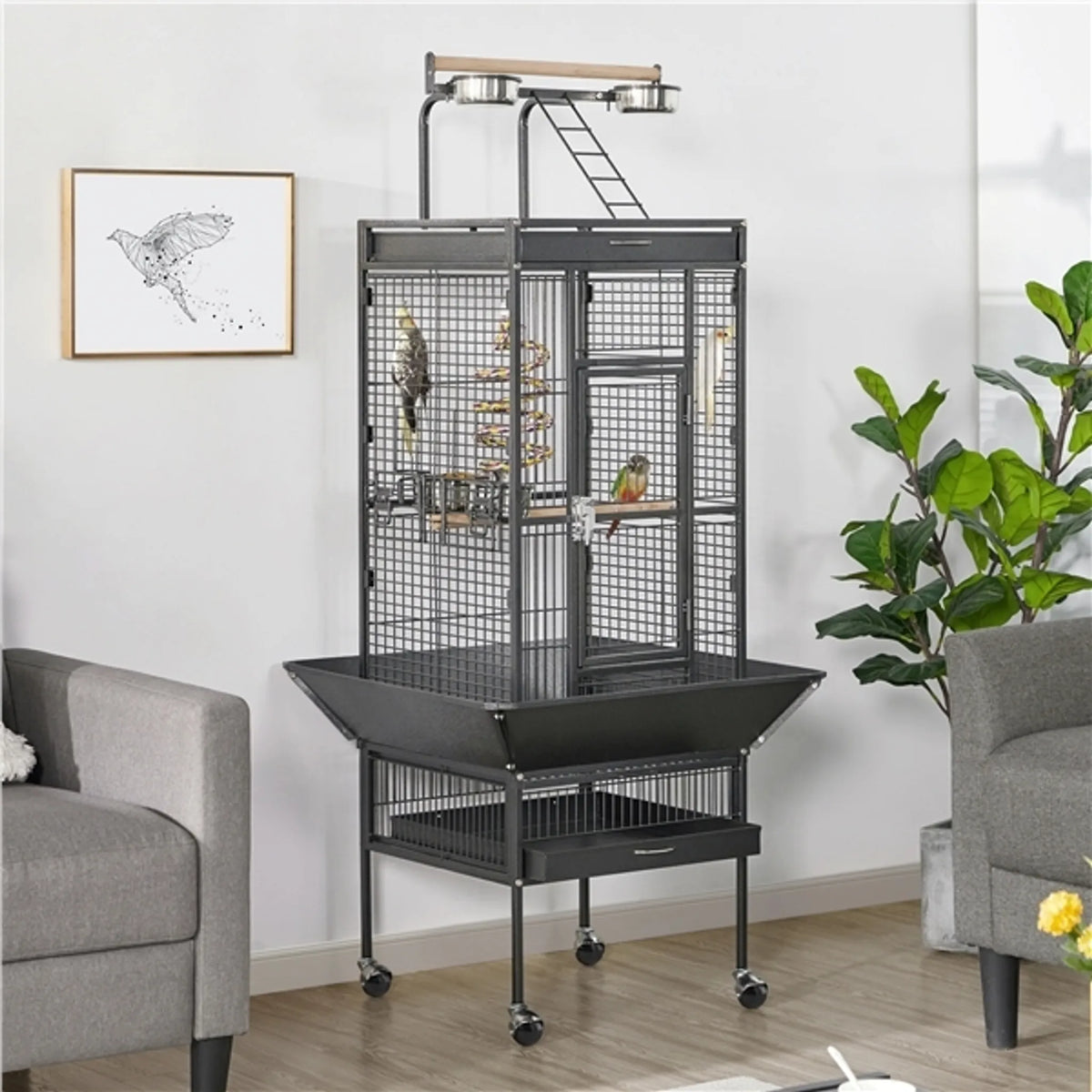 Yaheetech Papegaaienkooi Met Speelplateau – Voorzien Van Zaadvanger En Uitschuifbare Mestlades En Voerluikjes – Voor Valkparkieten En Papegaaien – Zwart Poedergecoat IJzer – 65,5 x 65,5 x 156 cm