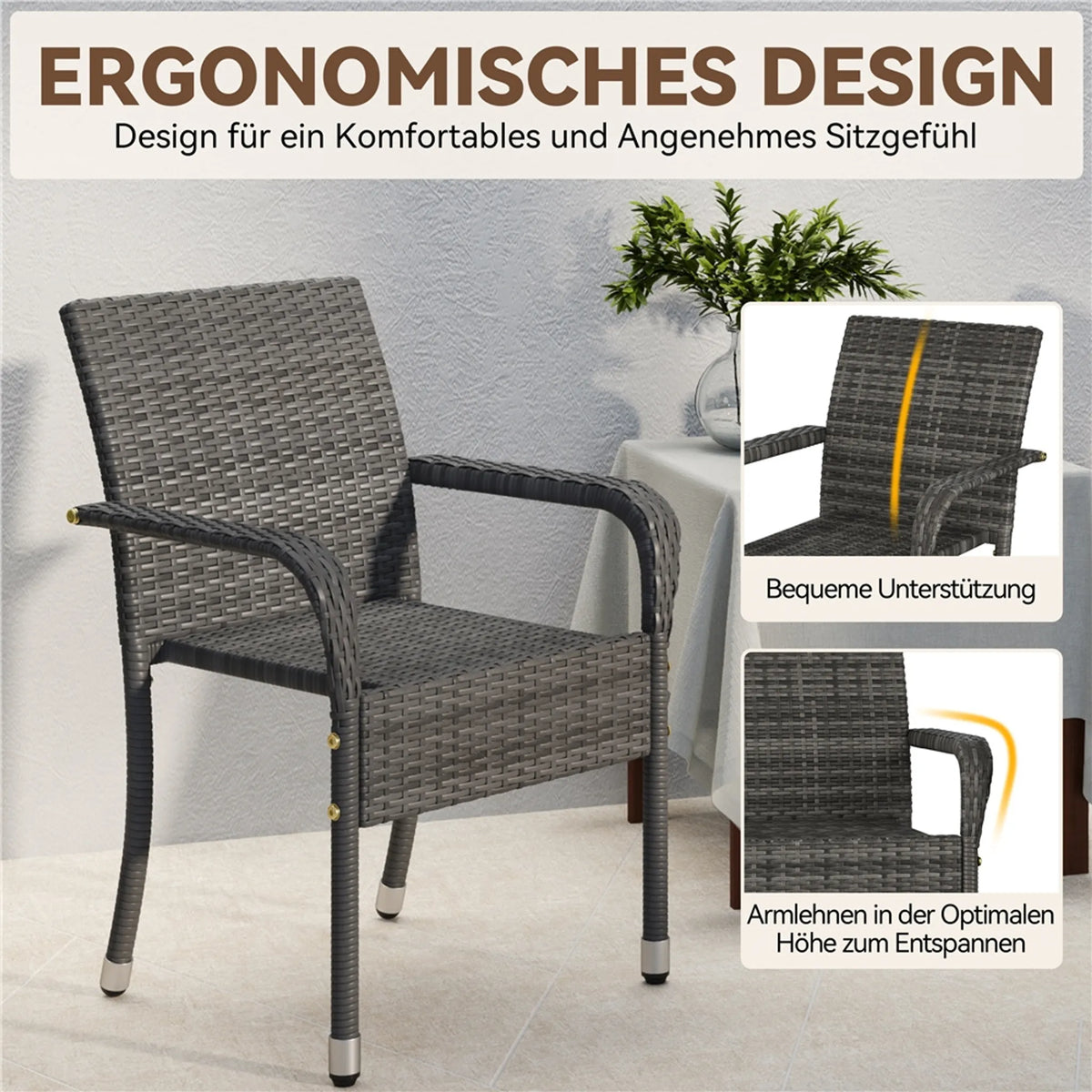Yaheetech Set van 2 Stapelbare Tuinstoelen van PE-Rattan 58x58x84 cm – Sfeervol Grijs – Rattan en Metaal