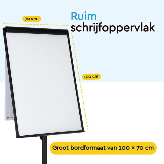 BRASQ Flipover Verrijdbaar - 70x100 cm - Verstelbaar Whiteboard - Inclusief 25 vellen papier, 4 Stiften, 8 Magneten, Wisser - Flipover met Papierklem en Haken - Magnetisch bord - Magneetbord - Zwart