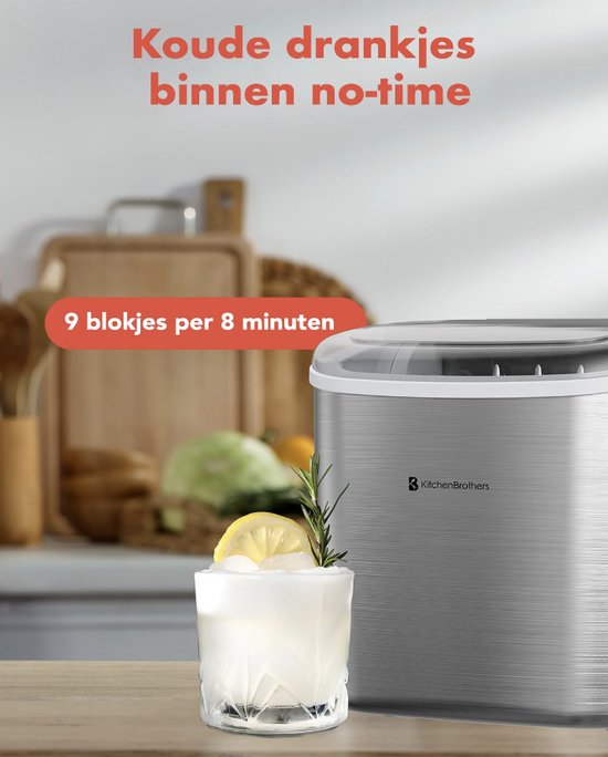 Ijsblokjesmachine - Ijsblokmaker met IJsschep - 9 Blokjes in 8 min. - Draagbaar met Handvat - RVS