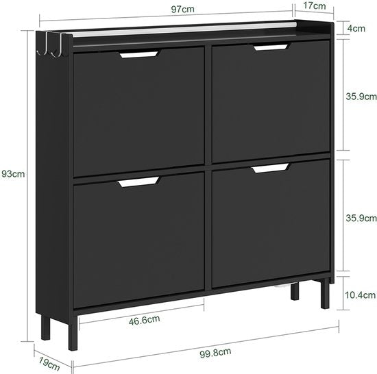 SoBuy Schoenenkast voor entree - Schoenenrek van hout met led en design - Voor entree en hal, voor kleine ruimtes - Zwart, 100 x 19 x 93 cm, FSR100-E-SCH