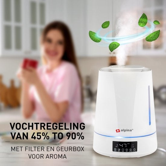 alpina Luchtbevochtiger 4L - Humidifier - Aroma Diffuser met Timer - Afstandsbediening - Wit