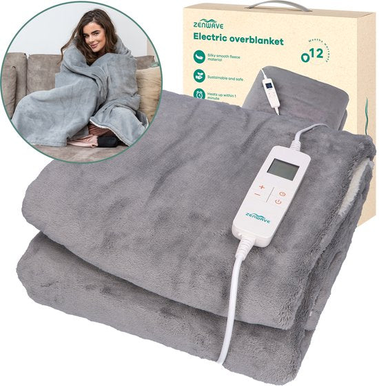Zenwave Elektrische Deken 180x130cm - Wasmachinebestendige Omslagdeken Grijs - 10 standen Warmtedeken - Ultra Zachte Fleece Warmte Plaid - Elektrische Bovendeken - Kamperen & Outdoor - 1 Persoons