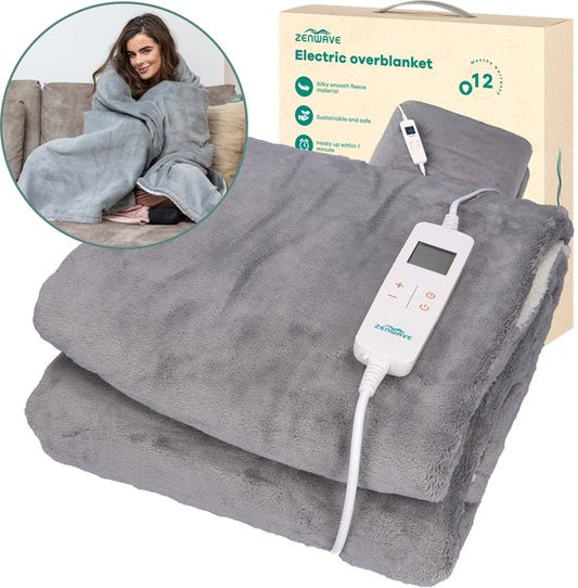 Zenwave Elektrische Deken 180x130cm - Wasmachinebestendige Omslagdeken Grijs - 10 standen Warmtedeken - Ultra Zachte Fleece Warmte Plaid - Elektrische Bovendeken - Kamperen & Outdoor - 1 Persoons