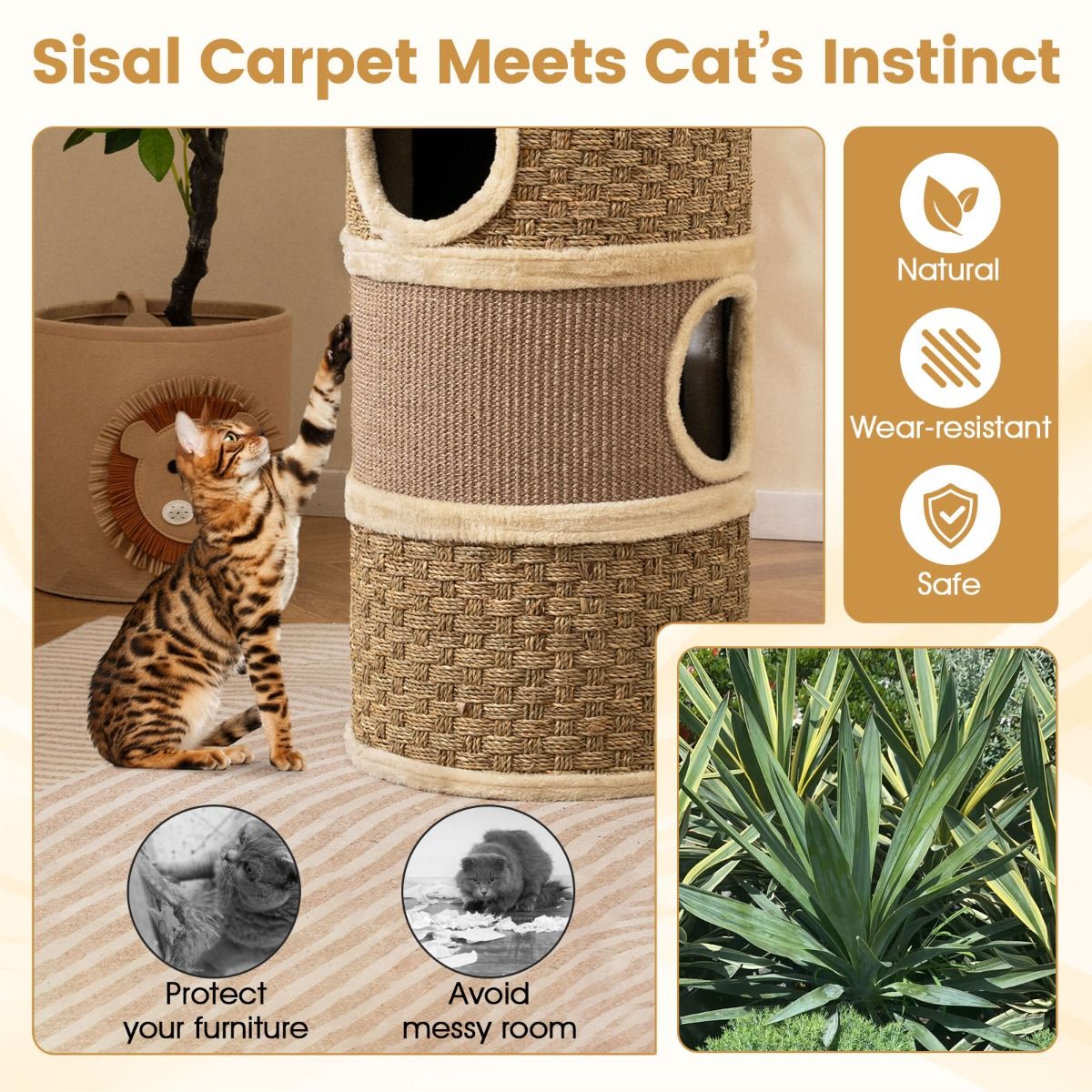 Coast Kattentoren met 3 verdiepingen - sisal krabpaal - knusse slaapplaatsen - kaki en bruin - 36 x 36 x 70 cm