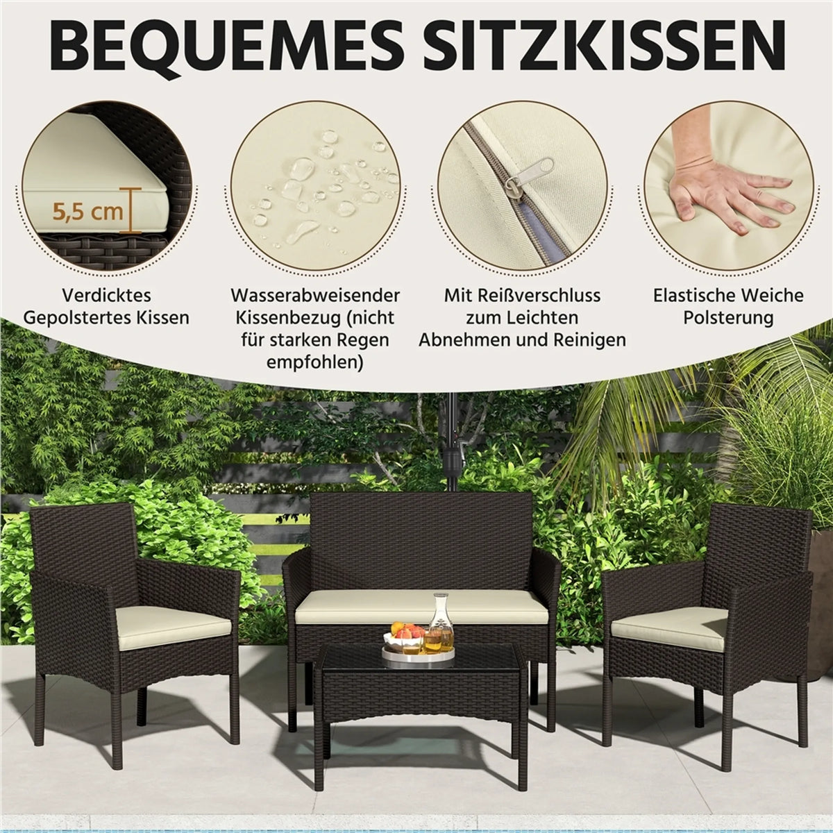 Yaheetech Polyrattan Loungeset 4-delig - 2-zitsbank en 2 Fauteuils met Glazen Tafel - 100 x 59,5 cm - Bruin met Beige Kussens