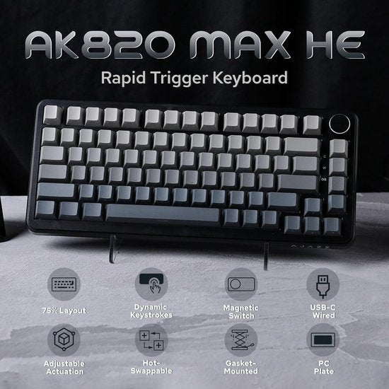 Ajazz AK820 MAX HE - 75% Bedraad RGB Gaming Toetsenbord - Hall Effect Rapid Trigger Mechanisch Toetsenborden - Zij Bedrukte toetsen - Gasket - Hot Swap - 8K Hz Polling Rate - QWERTY Toetsenborden - 82 Keys - Gradiënt Grijs