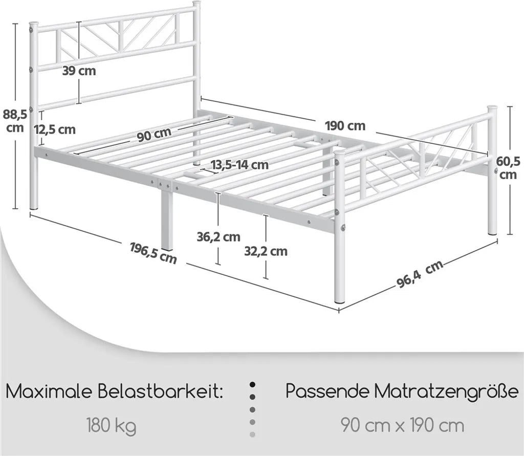 Yaheetech Metalen Bedframe 90x190 cm met Hoofdeinde, Wit