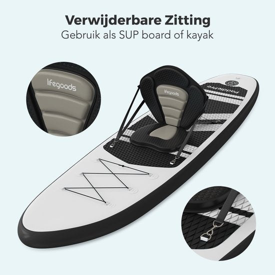 LifeGoods SUP Board - met Zitje - Opblaasbaar Paddle Board - Complete Set - Max. 135KG - 320x81cm - Wit/Zwart
