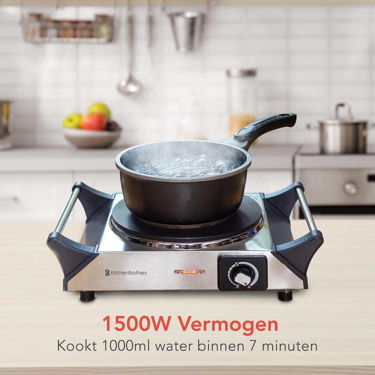 KitchenBrothers Elektrische Kookplaat - 1 Pits - 1500W - RVS