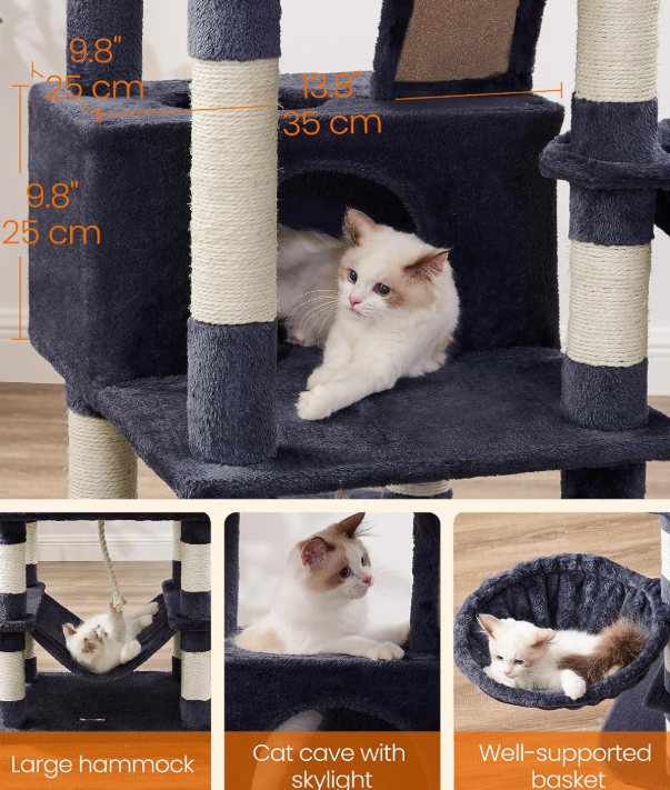 Songmics Krabpaal 168 cm - Kattentoren met 13 Krabpalen - Rookgrijs