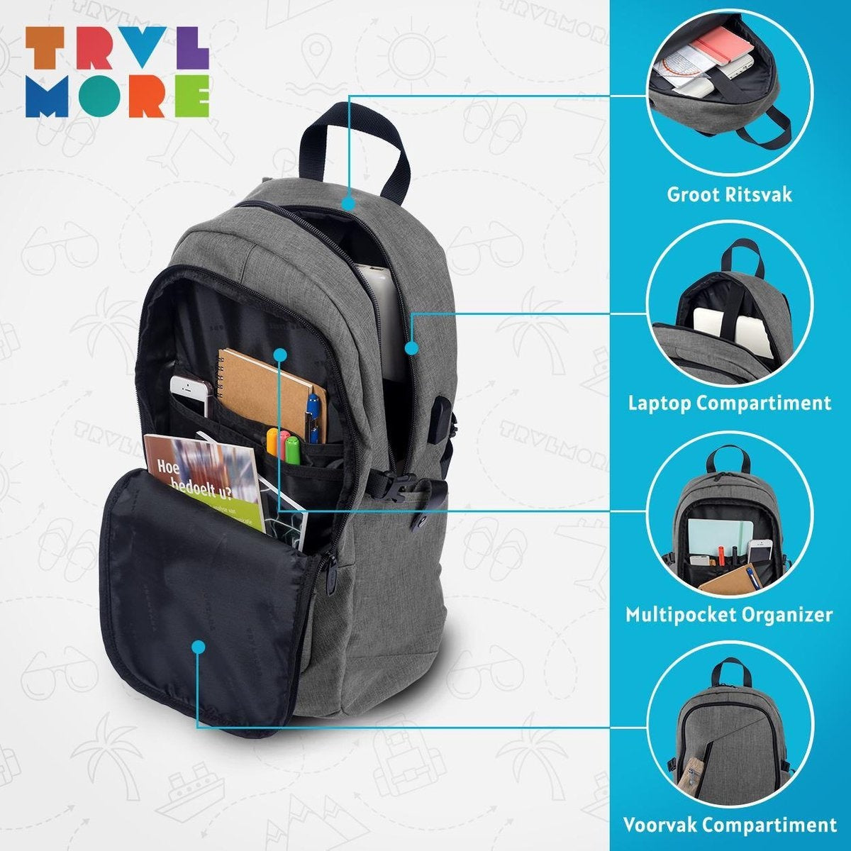 TRVLMORE Rugzak - 25L - 15,6 inch - Laptop Rugtas - Schooltas - Unisex - Spatwaterdicht Grijs
