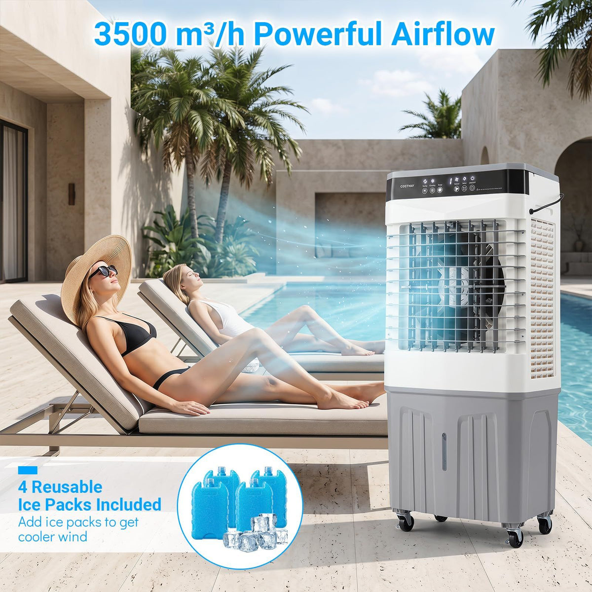 Coast Draagbare Ventilator en Luchtkoeler met Afstandsbediening - 27L Watertank - 3 Snelheden - 49x31x109 cm - Wit/Grijs
