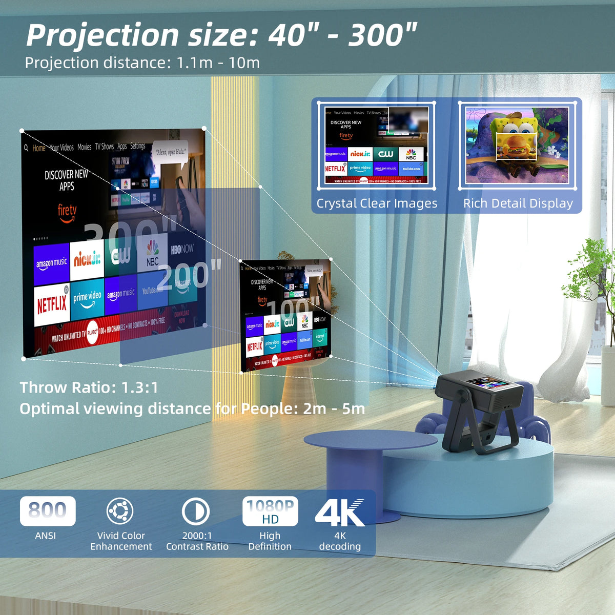 [Reusachtig projectie-effect van 300 inch] XBJ outdoor-beamer met touchpad - 300-inch reusachtig scherm voor thuisbioscoop