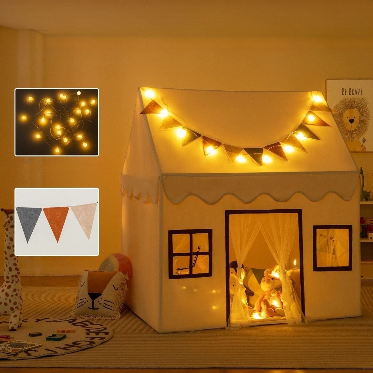 Coast Kinder Speeltent Beige met LED-verlichting en Speelmat – 150 x 120 x 110 cm