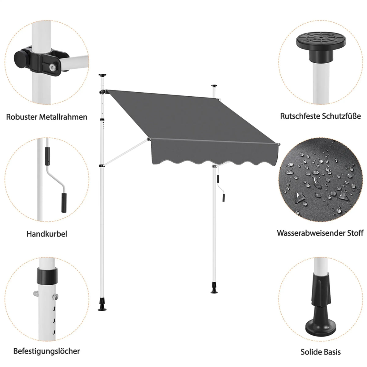 Yaheetech Klemzonnescherm Met Handslinger – Voorzien Van In Hoogte Verstelbare Telescopische Stangen En Waterafstotend Doek En Beschermvoetjes – Voor Balkon En Terras – Donkergrijs Polyester En Metaal – 150 x 180 x 210-300 cm