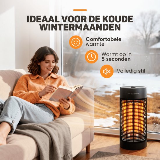 Vulpes Goods® Tech - Infrarood Verwarming - Elektrische Kachel - 1200W - 120°/360° Rotatie - 2 Warmtestanden - Compact & Draagbaar - IPX4 Waterbestendig - Zwart