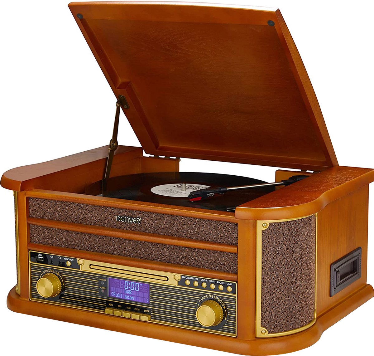 Denver Retro Platenspeler MRD51 - Hout - 24x22x12 cm - Ingebouwde Speakers & Versterker - DAB Radio - CD & Cassette