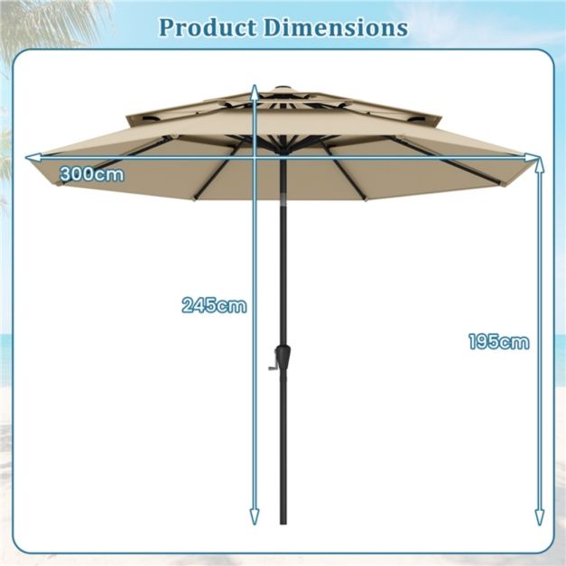 Coast Terrasparasol 300 x 300 x 245 cm - 3-Niveau Dak - Kantelbaar - Slinger - Beige/Bruin/Grijs