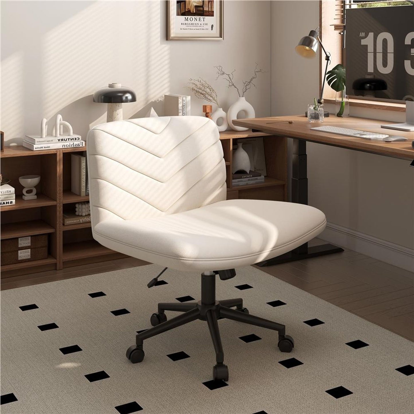 Yaheetech Bureaustoel Brede Zitting - Ergonomische Draaistoel met Rugleuning - In Hoogte Verstelbaar - 66x64,5x82-91,5 cm - Beige