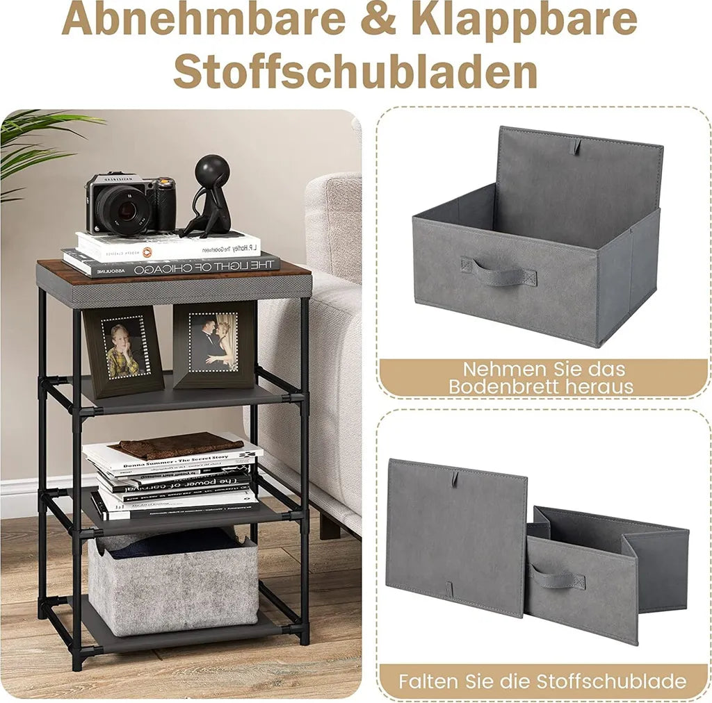 Nachtkastje met Stoffen Laden Bijzettafel met Metalen Frame Opbergkast Stoffen Commode voor Slaapkamer Woonkamer Hal (Grijs)