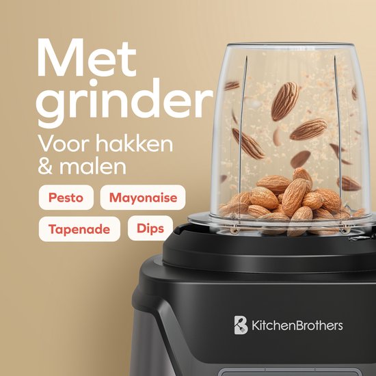 KitchenBrothers Blender Met Drinkfles - 1200W - BPA-vrij - 1.5L - Smoothie Maker - IJscrusher - Grijs