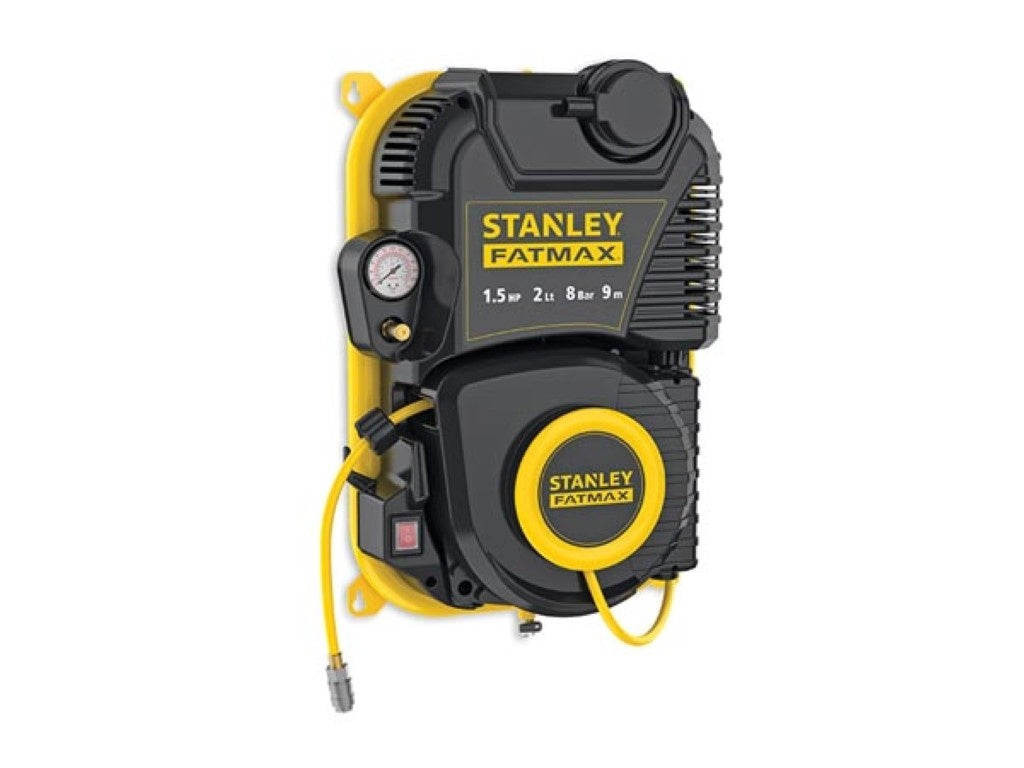 Stanley Fatmax Compressor, olievrije luchtcompressor met zelfoprollende kabelhaspel, muurbevestiging, 1.5 pk, 8 bar, tankinhoud 2 L