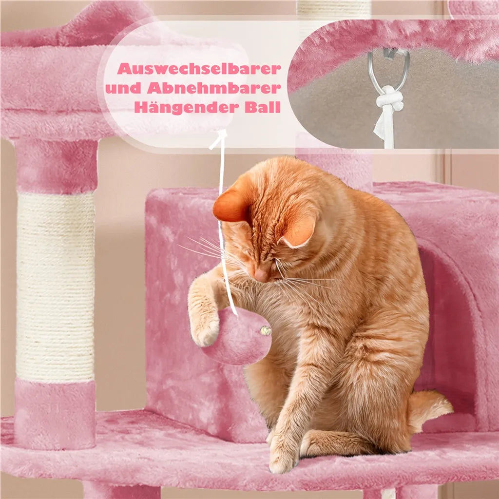 Yaheetech Krabpaal 158 cm - Roze - Kattenboom met 2 Kattengrotten, Hangmat en Sisalpalen