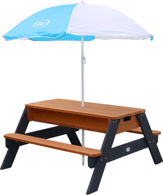 AXI Nick Zand & Water Picknicktafel in Antraciet/Bruin - Met Parasol in Blauw/Wit - Multifunctionele Picknick tafel van FSC hout - Picknick tafel voor kinderen van hout