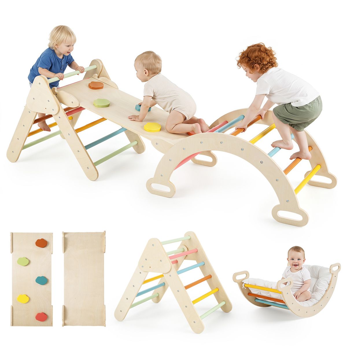 Coast Montessori klimset van hout - 3-in-1 speelset met klimdriehoek, klimboog en helling - kleurrijk