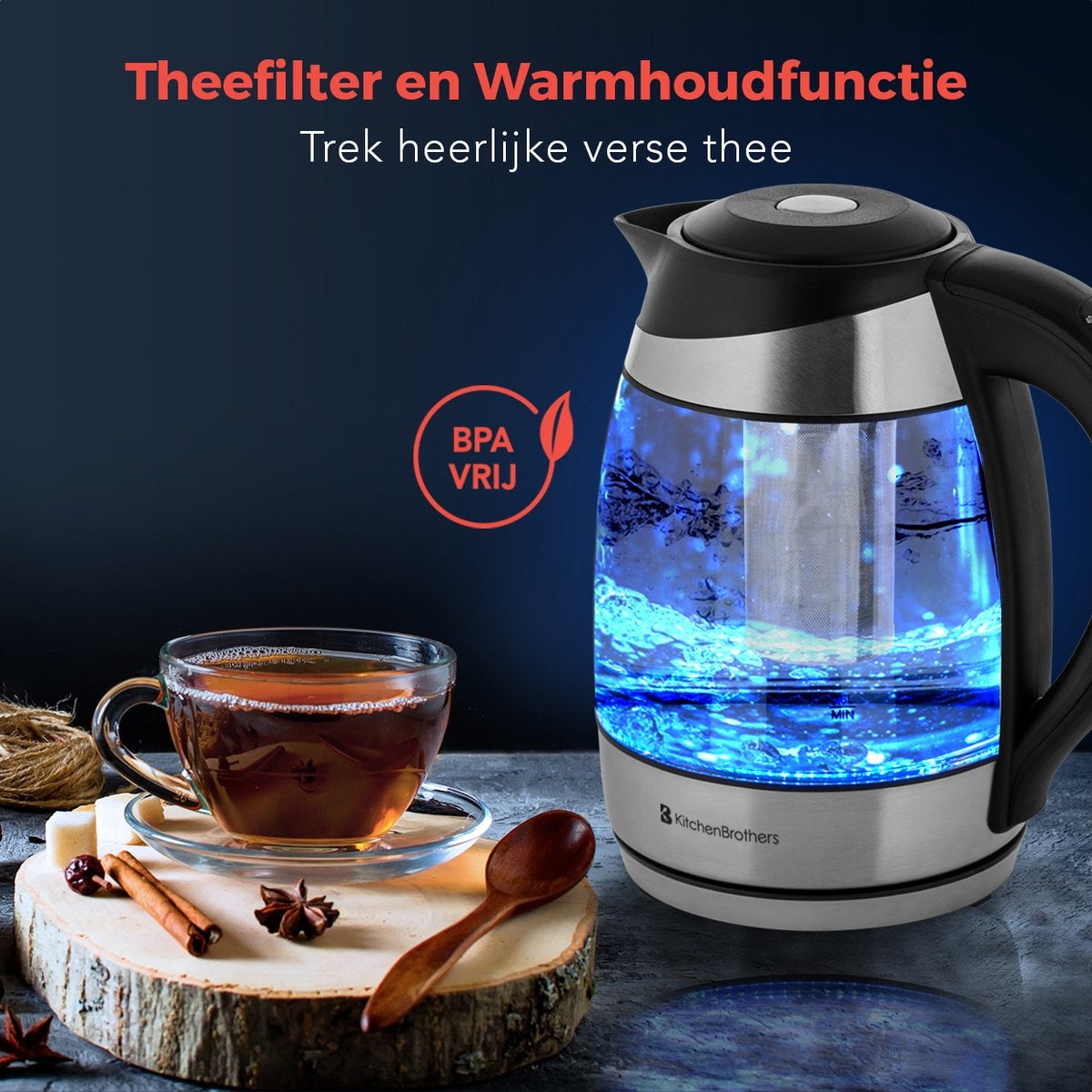 KitchenBrothers Waterkoker - 1.8L - Glas - BPA vrij - 2200W - 22.09x16x24.41 - Glas|Met temperatuurregeling