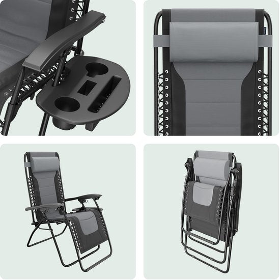 LifeGoods Ligstoelen Comfort - Opvouwbaar - 30°-90° Verstelbaar - Beker en Telefoonhouder - Tuinstoelen - Zwart/Grijs