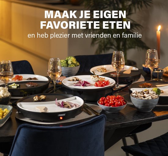 Princess Dinner4All 103080 - Gourmetstel - Grill & Bakplaat - Extra lang 2 meter snoer - 4 personen - Vaatwasserbestendig - PFAS-vrij - Uitbreidingsset beschikbaar