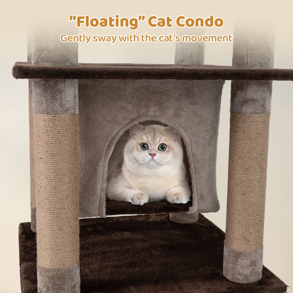 Coast Krabpaal voor katten - meerdere niveaus - schommelend kattenhuis - pluche ligbed - bruin - 56 x 56 x 148 cm