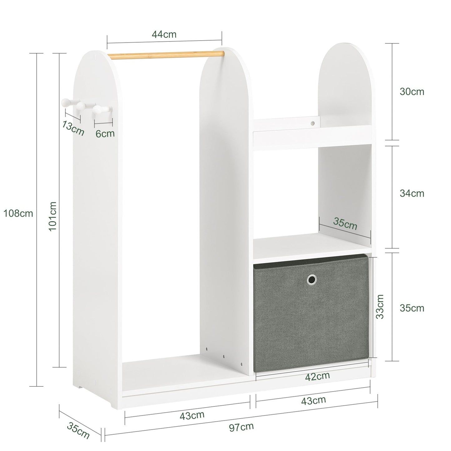 SoBuy Kinderkledingkast - 3 Planken 1 Mand 3 Haken - Wit - 97 x 35 x 108 cm