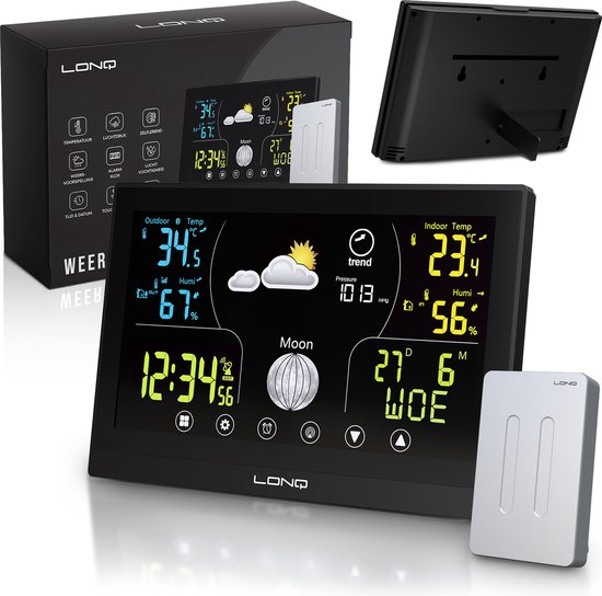 LONQ Weerstation Binnen en Buiten Q3 - Incl. Batterijen - Draadloos Weerstation met Buitensensor - Thermometer Hygrometer - Touchscreen Kleurendisplay - DCF Gestuurde Klok