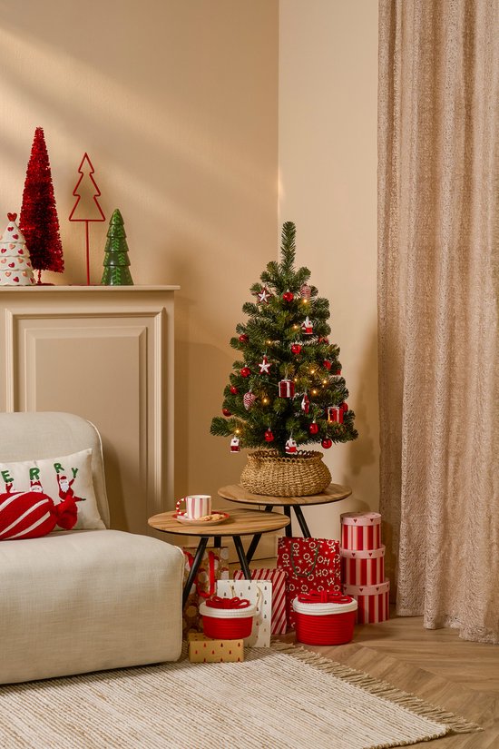 Black Box Trees Joy Kunstkerstboom met 26 Ornamenten en LED Verlichting - H90 x Ø50 cm - Groen, Rood