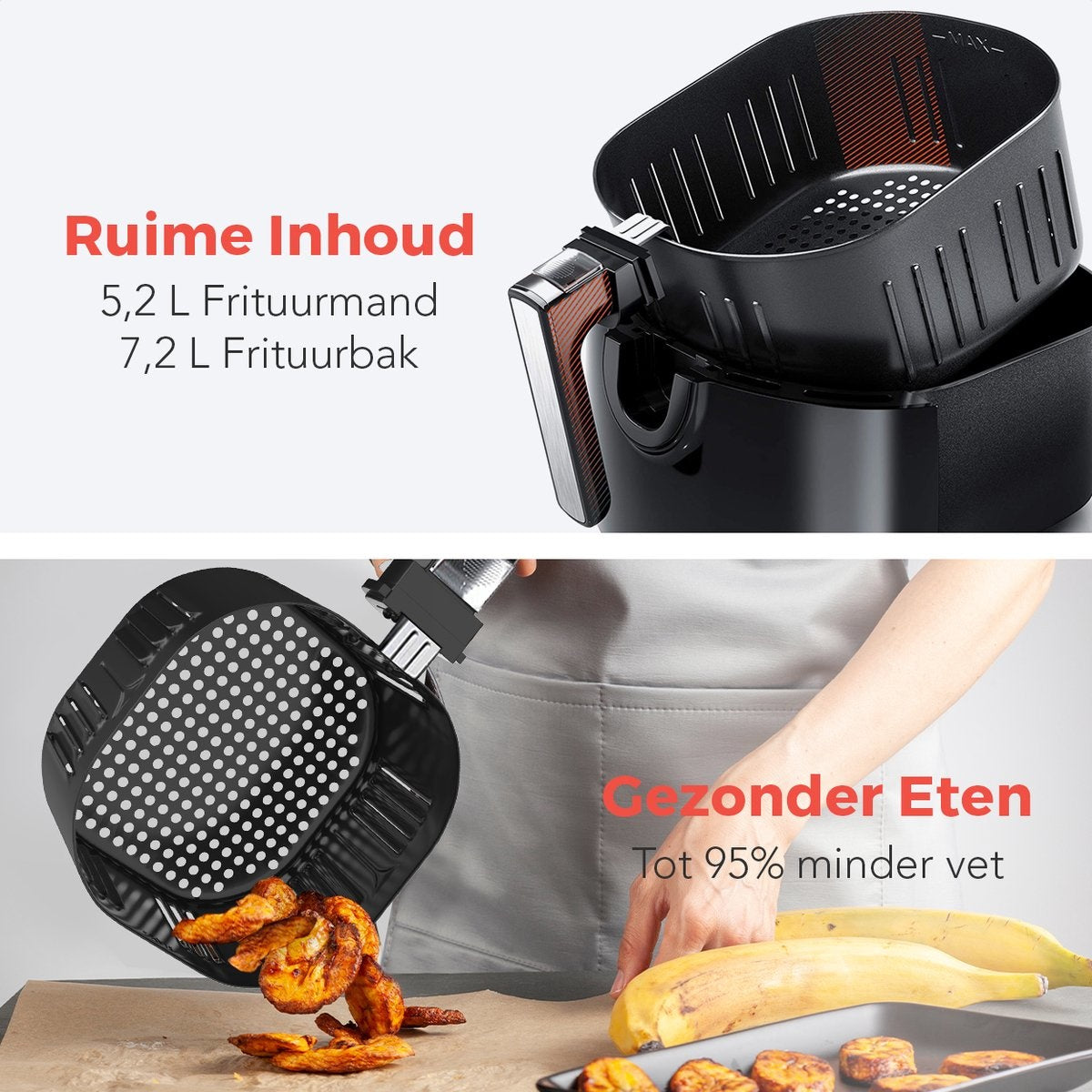KitchenBrothers Airfryer XXL – 7,2L Inhoud & 7 Voorinstellingen – 1890W – 39 x 33,5 x 36,7 cm – Zwart