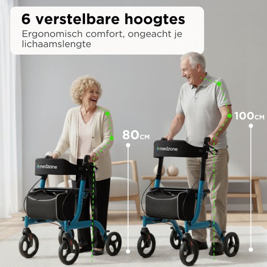 Medzone Rollator Lichtgewicht en Opvouwbaar - Zitfunctie - Binnen en Buiten - Rugleuning en Wandelstok Houder - Blauw