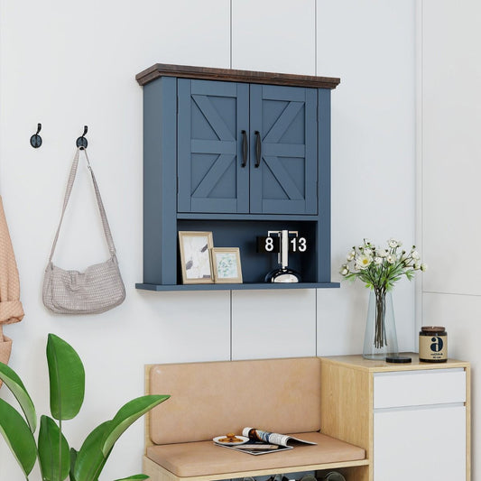 Coast wandkast hout - verstelbare legplanken - deuren en open opbergvak - marineblauw 55 x 19 x 60 cm